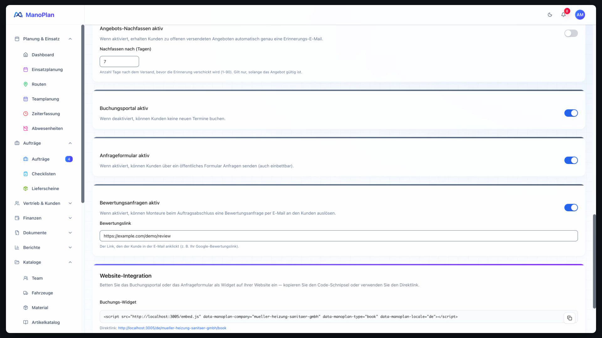 ManoPlan Modul – Anfragen & Web-Widget