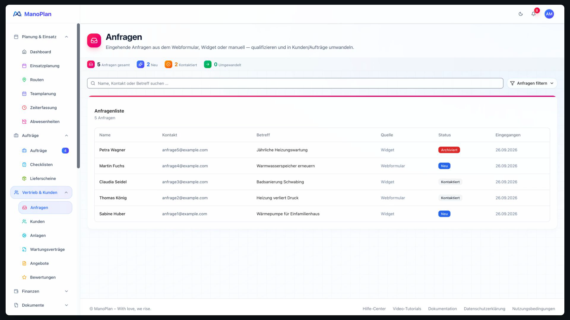 ManoPlan Tutorial – Anfragen, Posteingang & Bewertungen