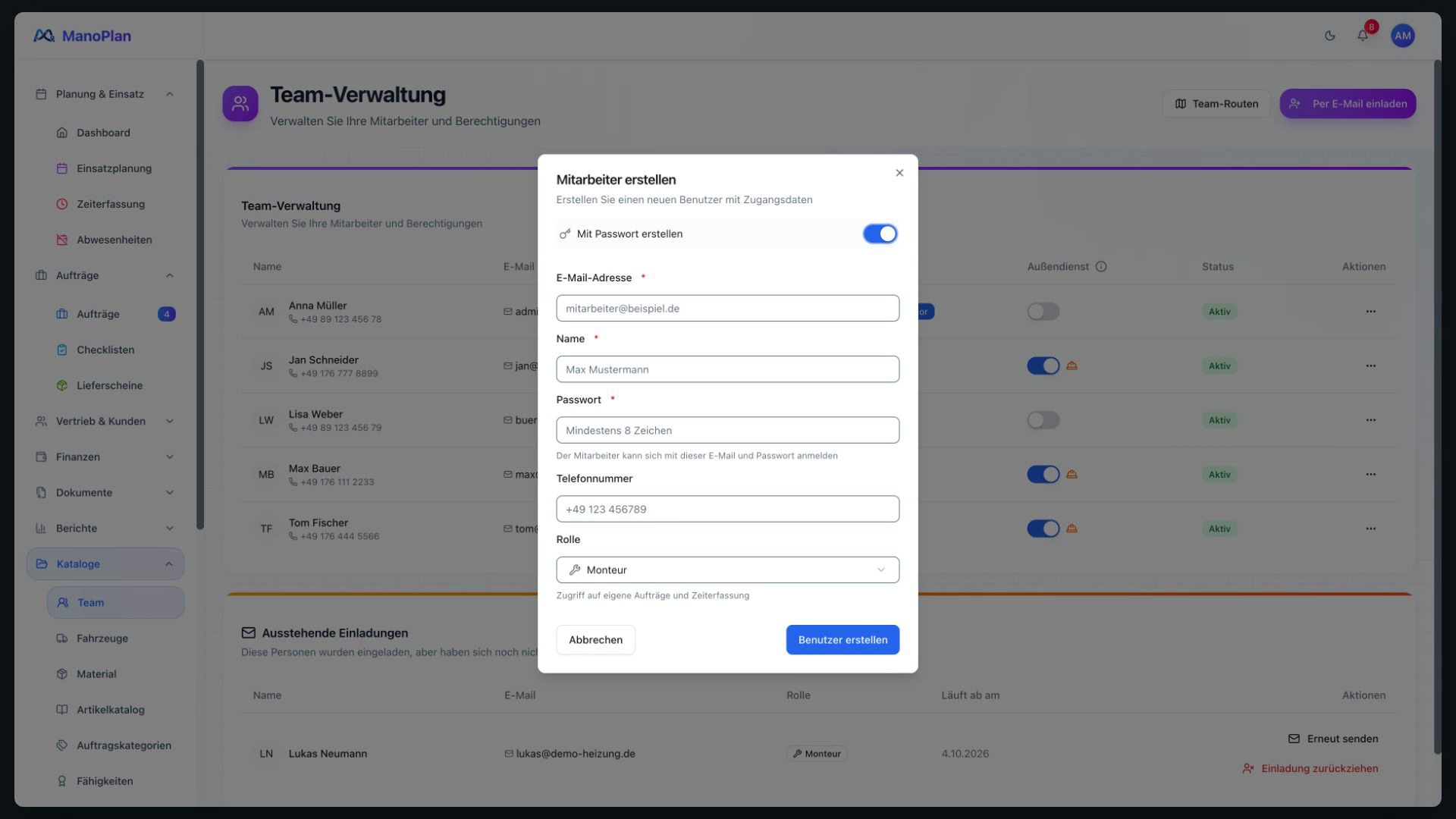 ManoPlan Workflow – Neuer Monteur: Einladung und erster Login