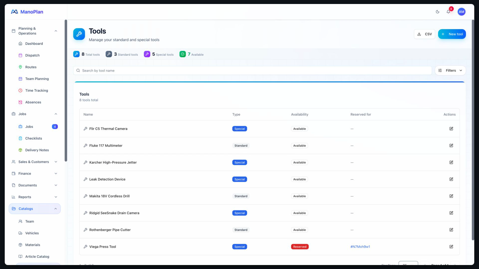 ManoPlan Tutorial – Managing and Reserving Tools