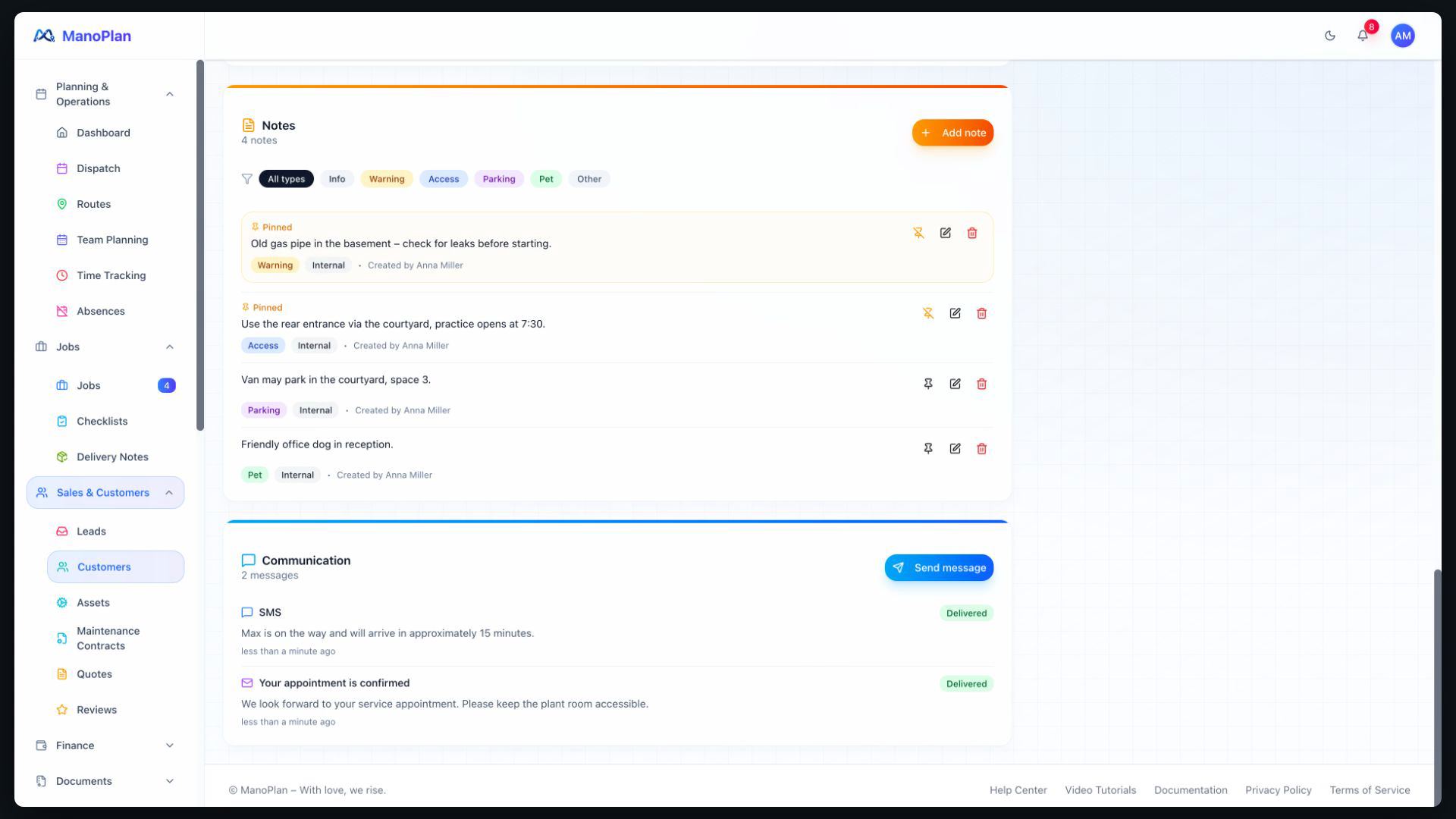 ManoPlan Workflow – Customer Info and Warnings