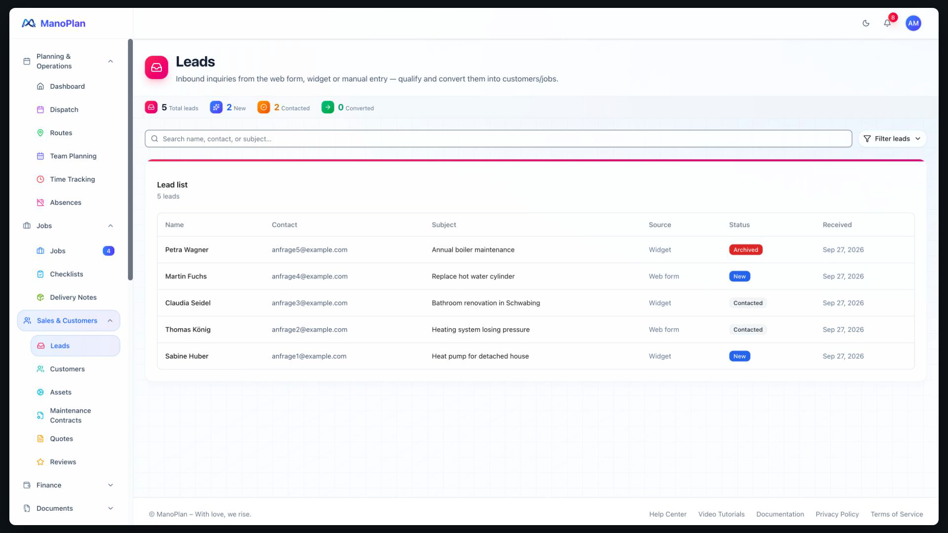 ManoPlan Workflow – From Lead to Order