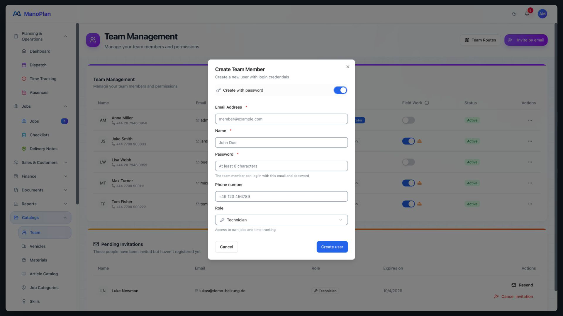 ManoPlan Workflow – New Technician: Invitation and First Login